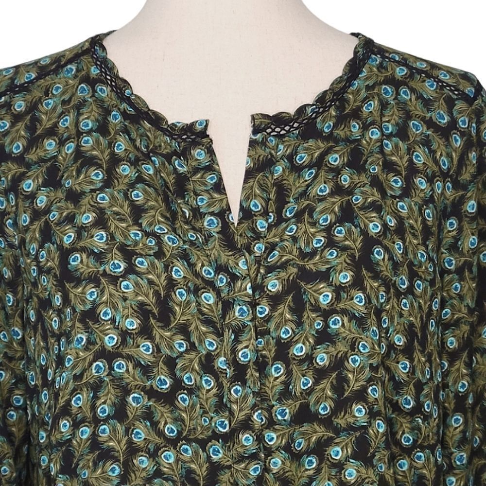 Talbots Black Peacock Feather Print Split Button … - image 5